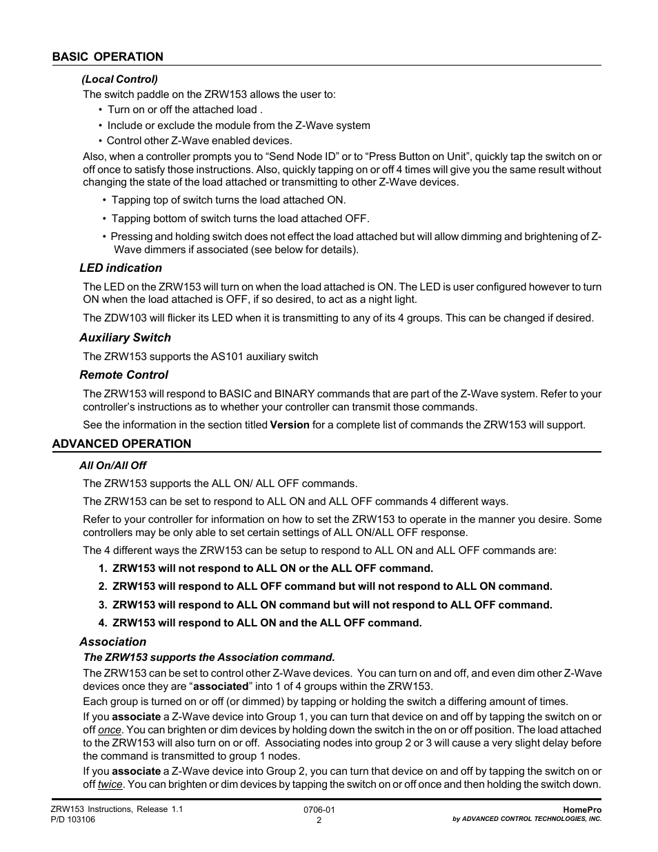 Advanced Control Technologies Specs Instructions ZRW153I (RF 120 VAC, 15A, Feed ThroughWall Switch, Three Way, Ivory) User Manual | Page 2 / 5