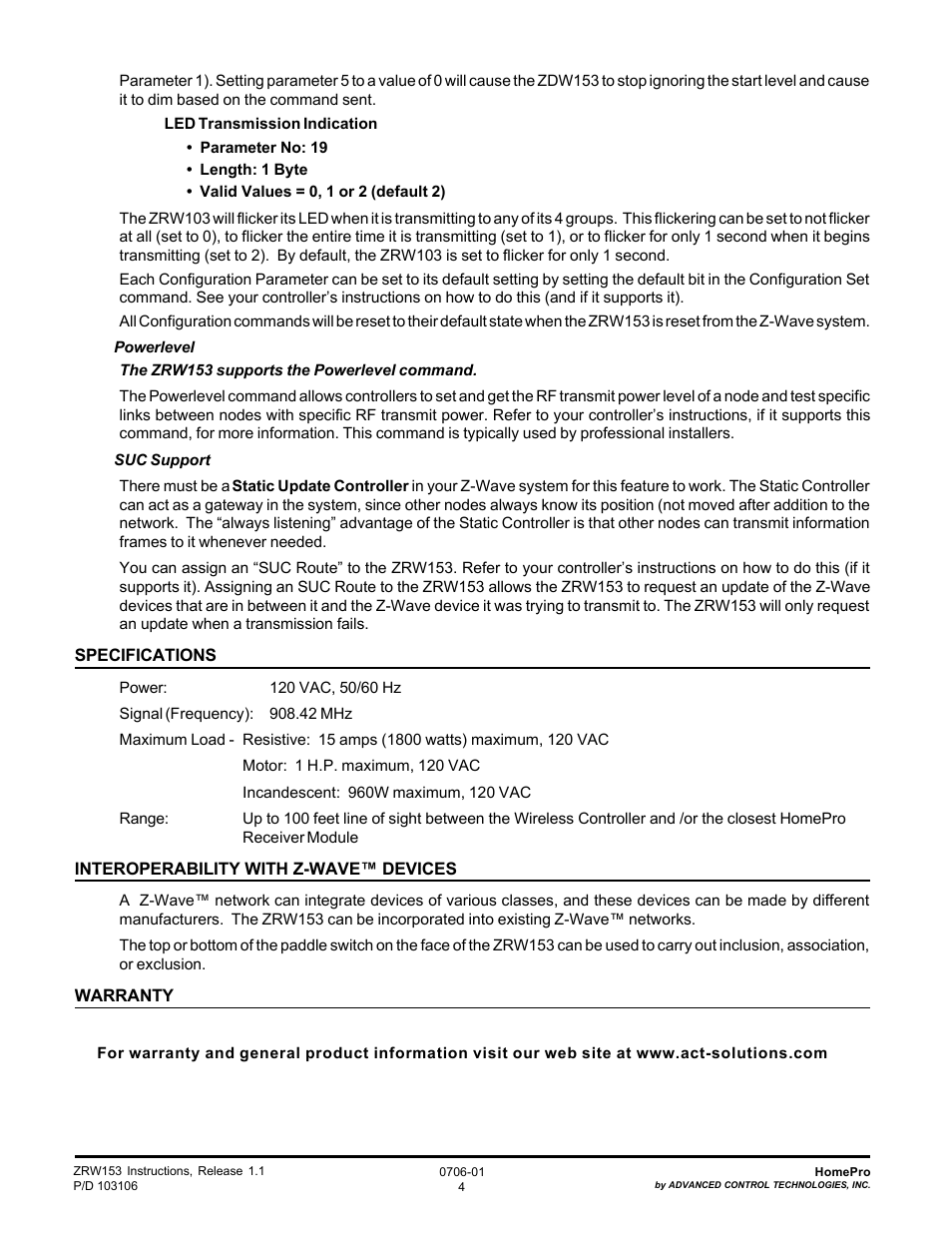 Advanced Control Technologies Specs Instructions ZRW153I (RF 120 VAC, 15A, Feed ThroughWall Switch, Three Way, Ivory) User Manual | Page 4 / 5