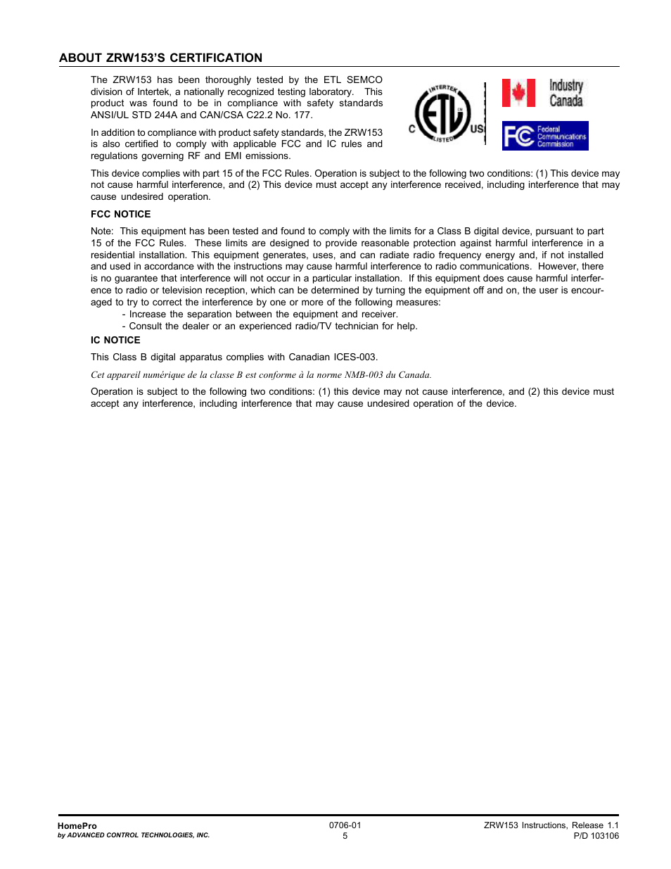 About zrw153’s certification | Advanced Control Technologies Specs Instructions ZRW153I (RF 120 VAC, 15A, Feed ThroughWall Switch, Three Way, Ivory) User Manual | Page 5 / 5
