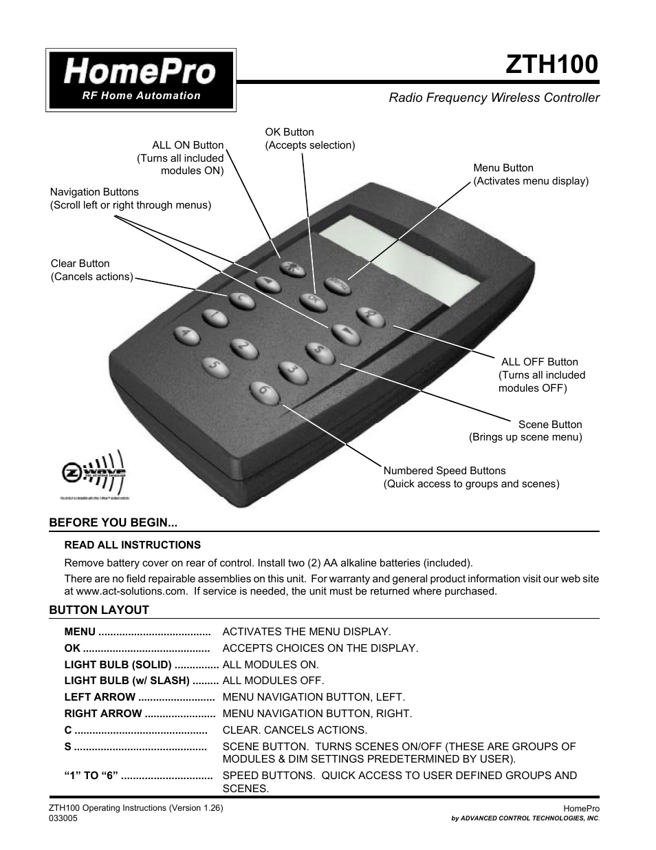 Zth100 | Advanced Control Technologies Specs Instructions ZTH110 (RF Controller, HandheldLED Indicator, 908.42MHz) User Manual | Page 2 / 26