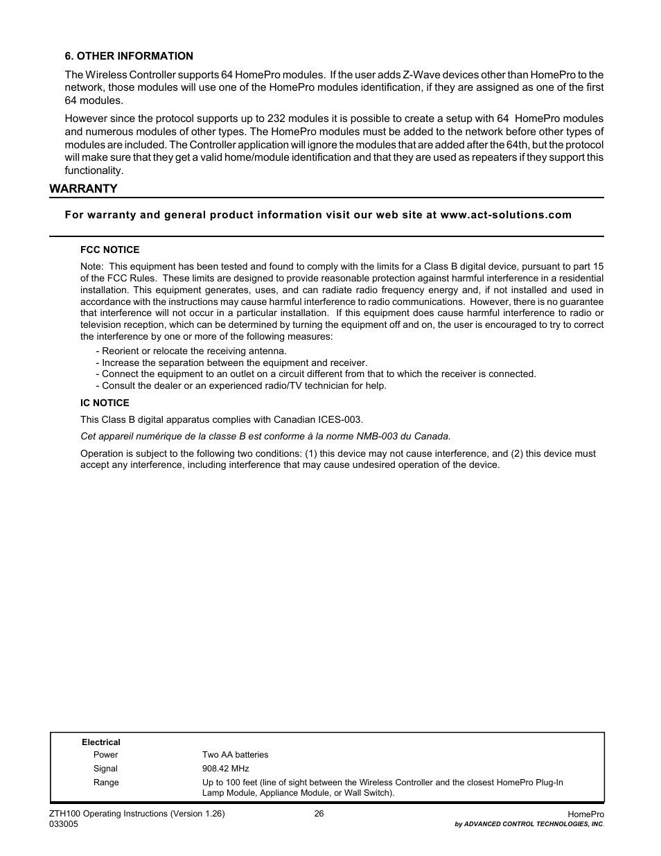 Warranty | Advanced Control Technologies Specs Instructions ZTH110 (RF Controller, HandheldLED Indicator, 908.42MHz) User Manual | Page 26 / 26