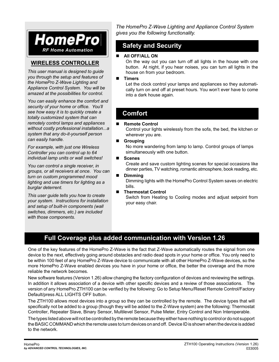 Safety and security, Comfort | Advanced Control Technologies Specs Instructions ZTH110 (RF Controller, HandheldLED Indicator, 908.42MHz) User Manual | Page 3 / 26