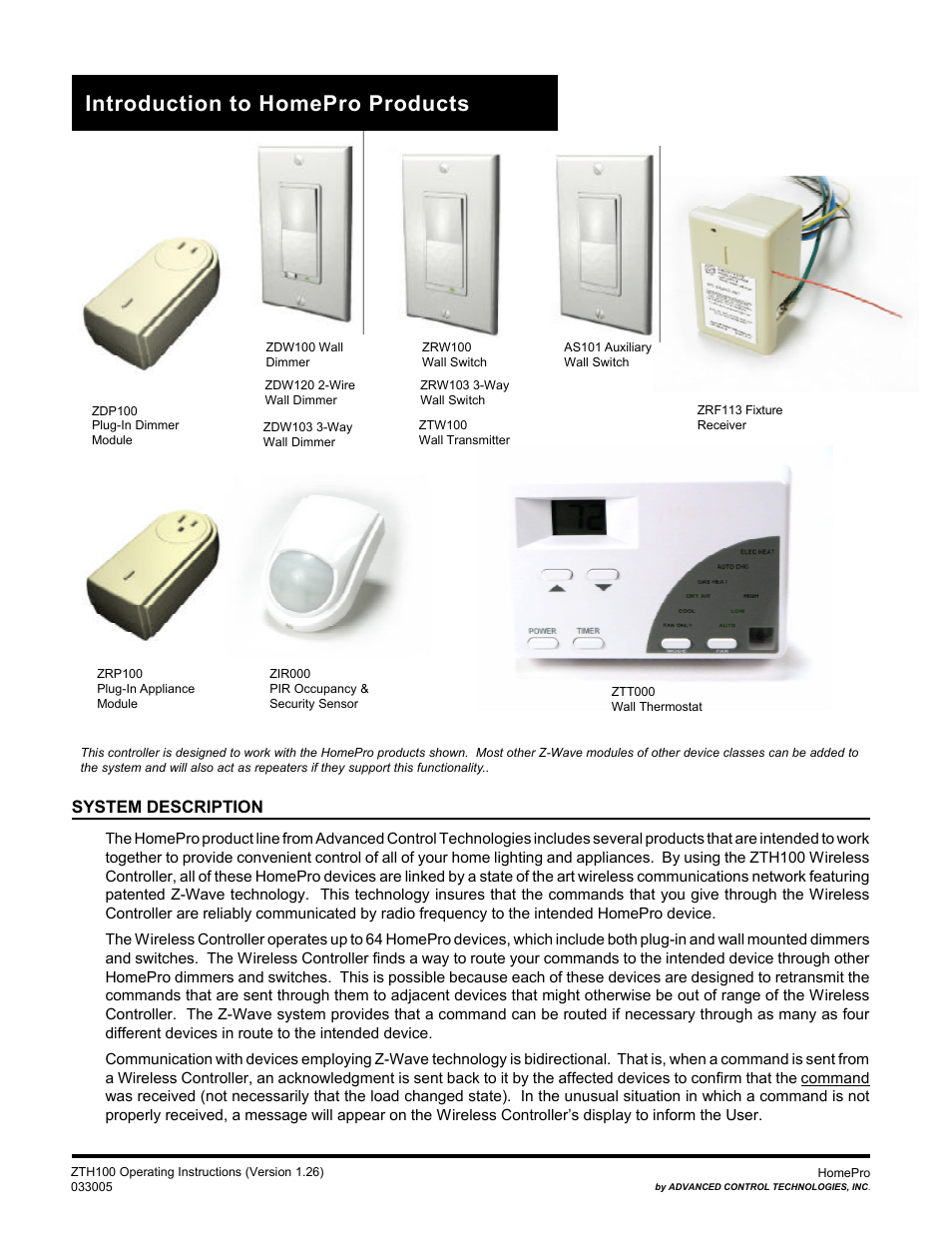 Introduction to homepro products, System description | Advanced Control Technologies Specs Instructions ZTH110 (RF Controller, HandheldLED Indicator, 908.42MHz) User Manual | Page 4 / 26