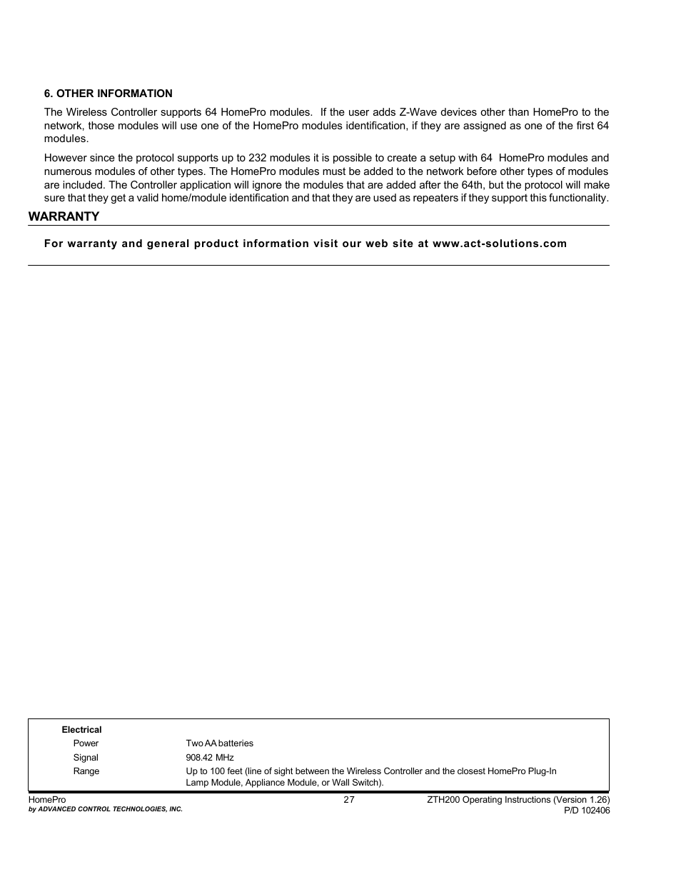 Warranty | Advanced Control Technologies Specs Instructions ZTH210 (RF Controller, HandheldLED Indicator, 868.42MHz) User Manual | Page 27 / 27