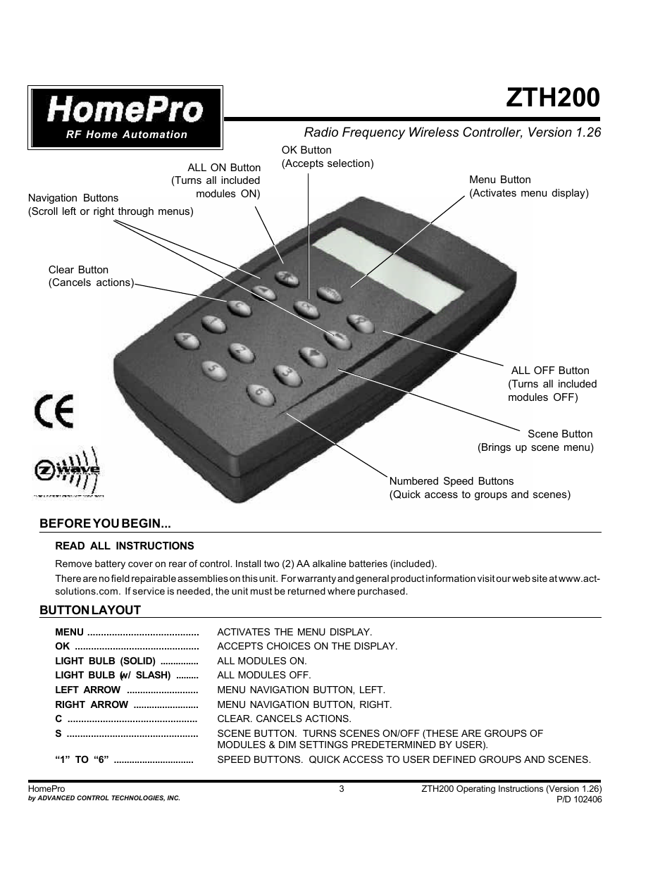 Zth200 | Advanced Control Technologies Specs Instructions ZTH210 (RF Controller, HandheldLED Indicator, 868.42MHz) User Manual | Page 3 / 27