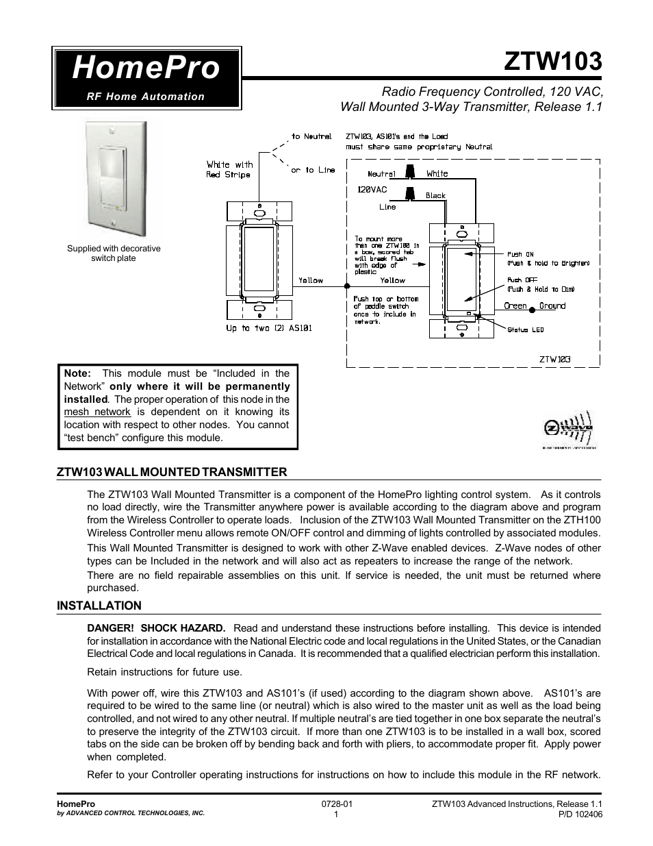 Advanced Control Technologies Specs Instructions ZTW103I (RF 120 VAC, Wall Transmitter,908.42MHz, Ivory) User Manual | 6 pages