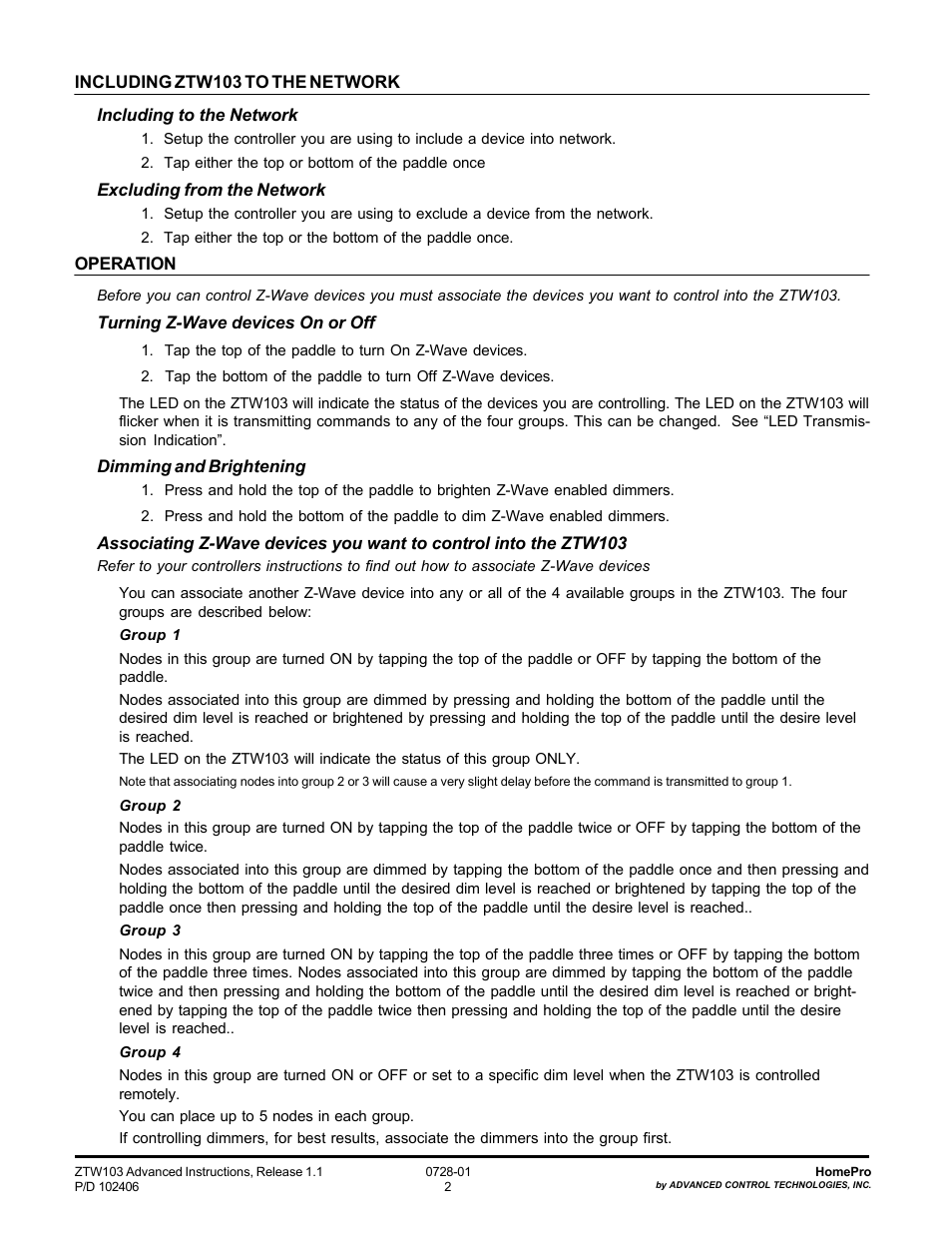 Advanced Control Technologies Specs Instructions ZTW103I (RF 120 VAC, Wall Transmitter,908.42MHz, Ivory) User Manual | Page 2 / 6