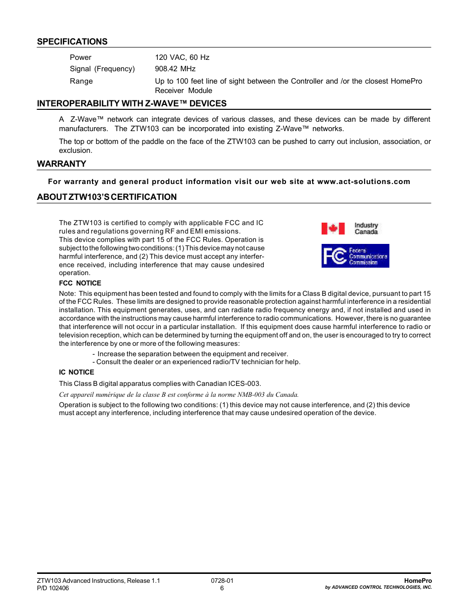 Advanced Control Technologies Specs Instructions ZTW103I (RF 120 VAC, Wall Transmitter,908.42MHz, Ivory) User Manual | Page 6 / 6