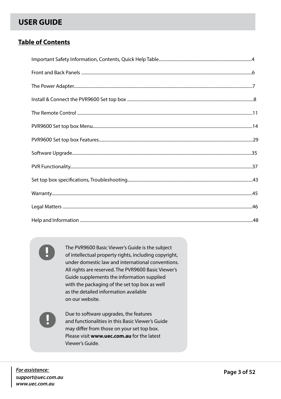 User guide | Altech UEC PVR9600T High Definition Triple Tuner User Manual | Page 3 / 52