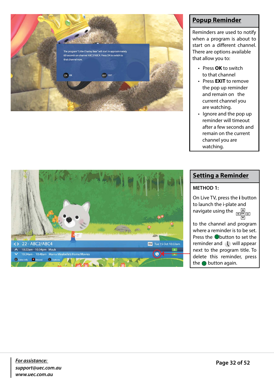 Popup reminder, Setting a reminder | Altech UEC PVR9600T High Definition Triple Tuner User Manual | Page 32 / 52