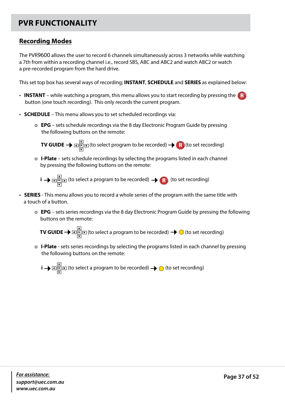 Pvr functionality, Recording modes | Altech UEC PVR9600T High Definition Triple Tuner User Manual | Page 37 / 52