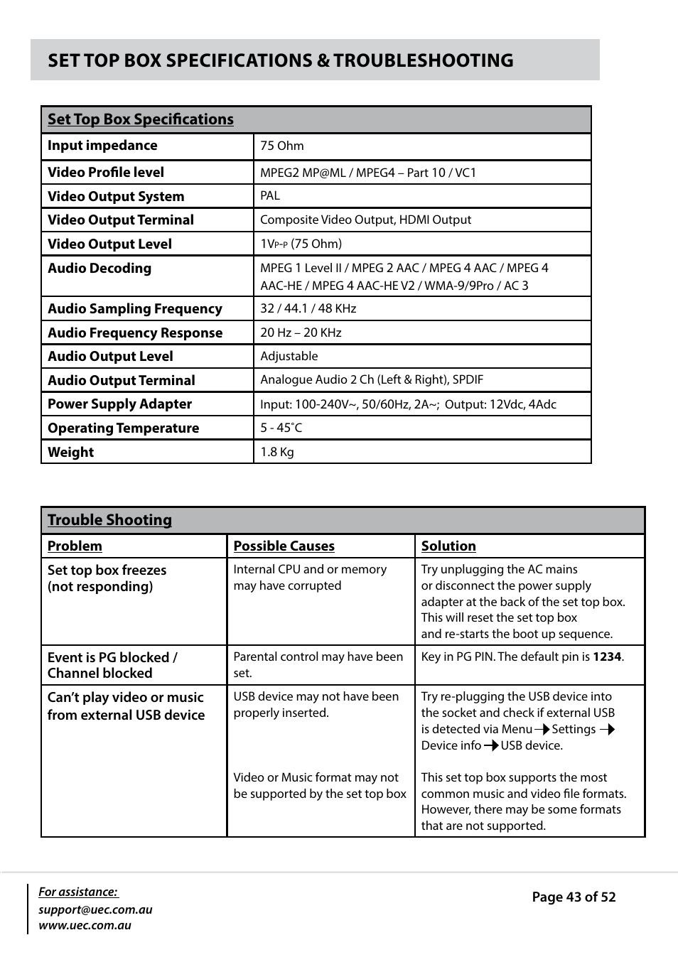 Set top box specifications & troubleshooting | Altech UEC PVR9600T High Definition Triple Tuner User Manual | Page 43 / 52