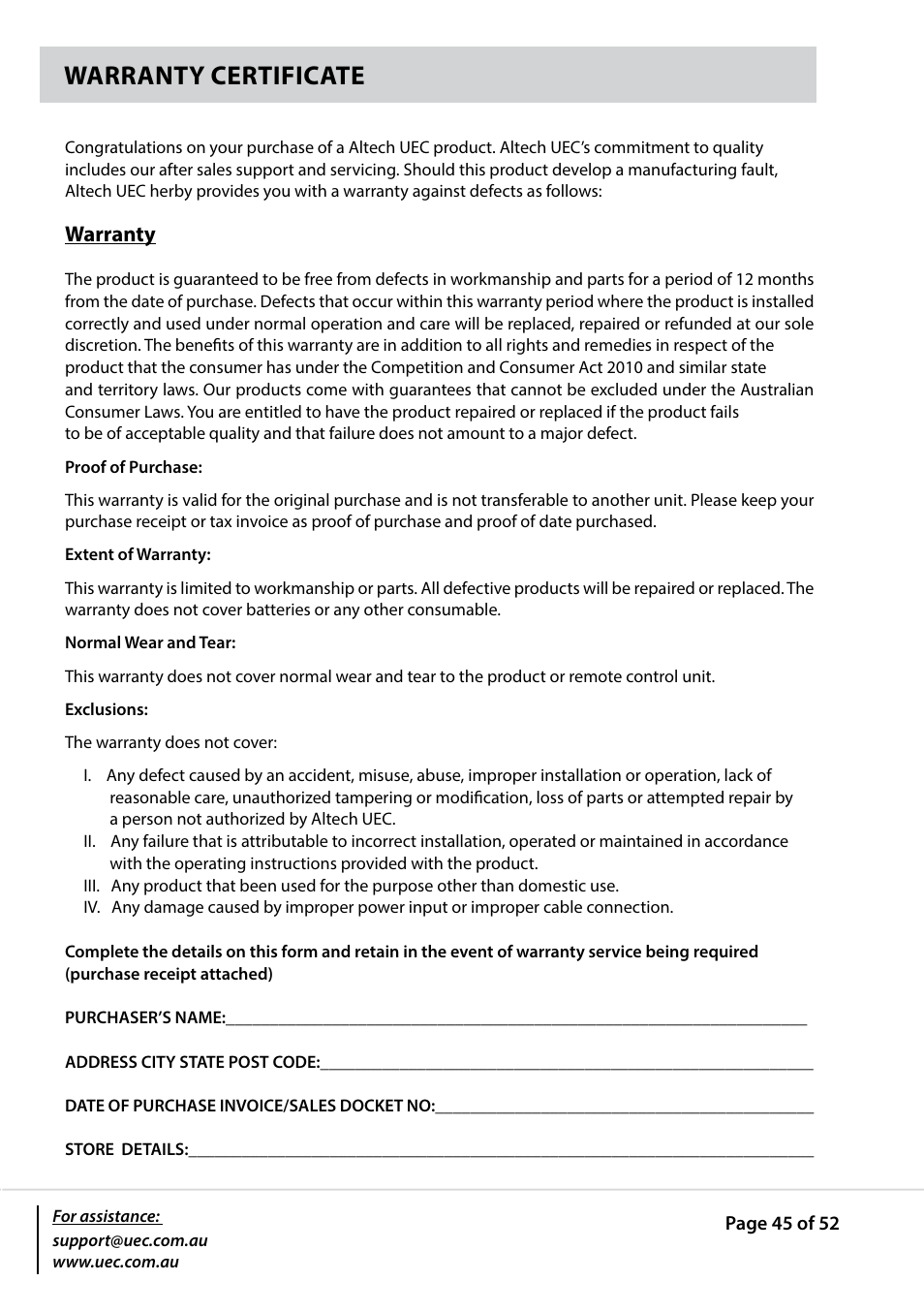 Warranty certificate | Altech UEC PVR9600T High Definition Triple Tuner User Manual | Page 45 / 52