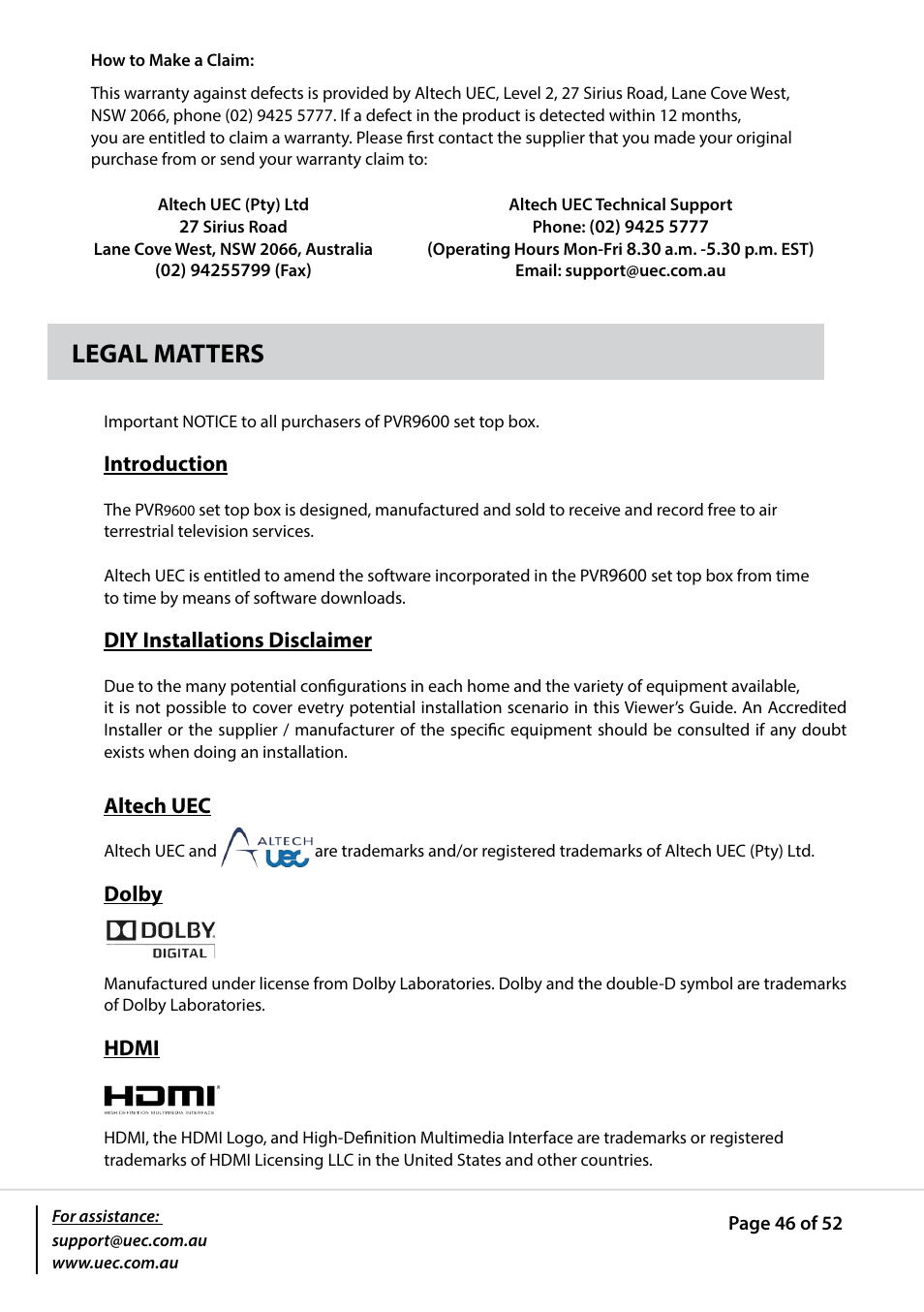 Legal matters | Altech UEC PVR9600T High Definition Triple Tuner User Manual | Page 46 / 52