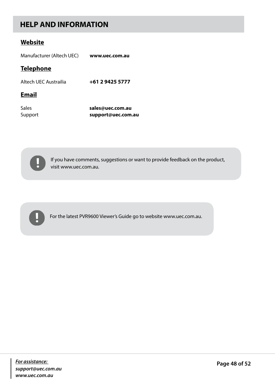 Help and information | Altech UEC PVR9600T High Definition Triple Tuner User Manual | Page 48 / 52
