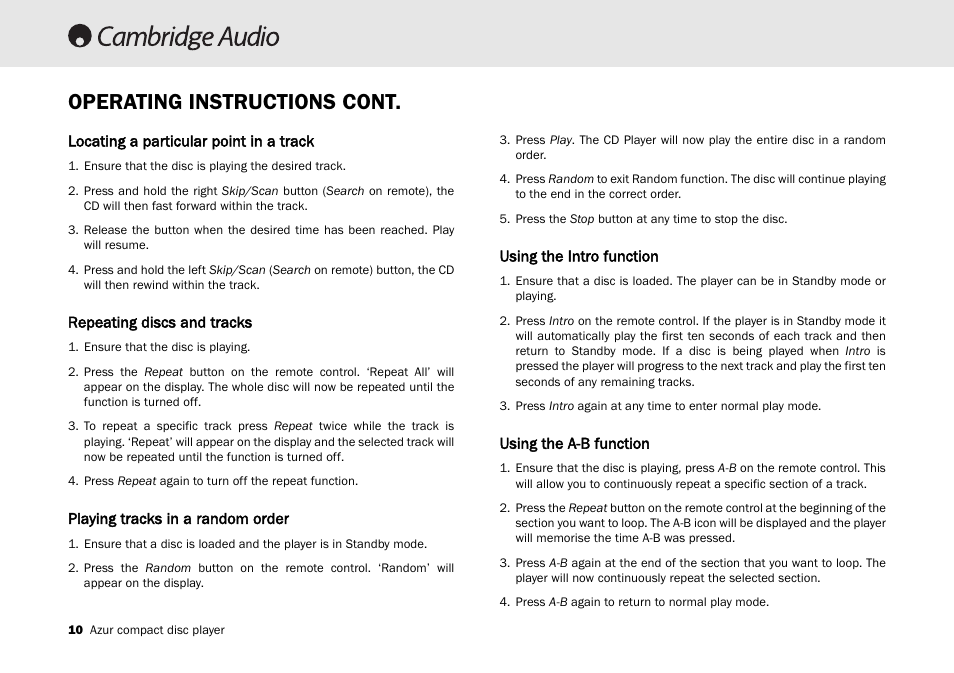 Operating instructions cont | Cambridge Audio AZUR 540C User Manual | Page 10 / 16