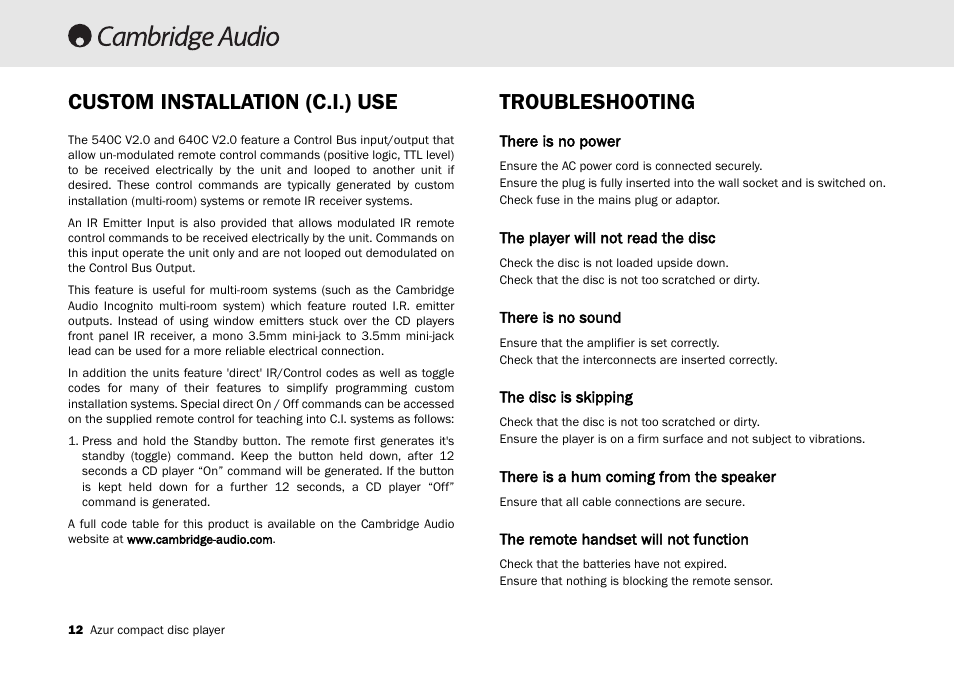 Troubleshooting, Custom installation (c.i.) use | Cambridge Audio AZUR 540C User Manual | Page 12 / 16