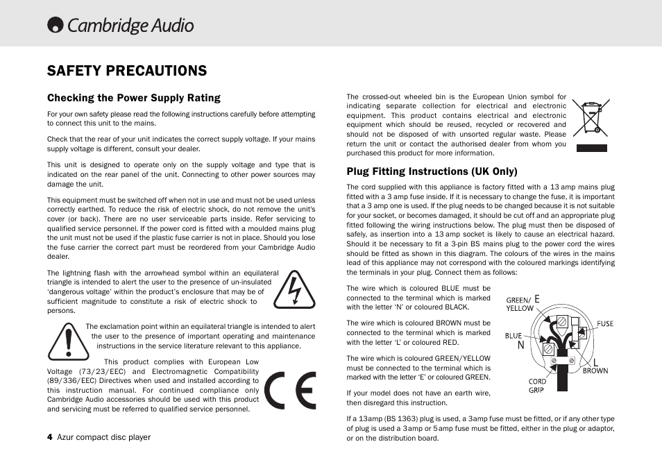 Safety precautions, Checking the power supply rating, Plug fitting instructions (uk only) | Cambridge Audio AZUR 540C User Manual | Page 4 / 16