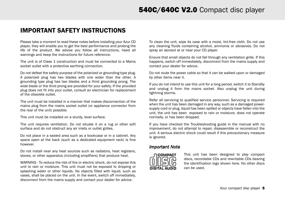 Important safety instructions | Cambridge Audio AZUR 540C User Manual | Page 5 / 16