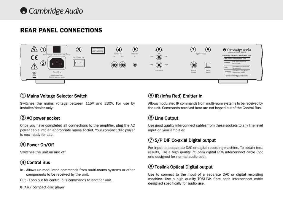 Rear panel connections, Mains voltage selector switch, Ac power socket | Power on/off, Control bus, Ir (infra red) emitter in, Line output, S/p dif co-axial digital output, Toslink optical digital output | Cambridge Audio AZUR 540C User Manual | Page 6 / 16