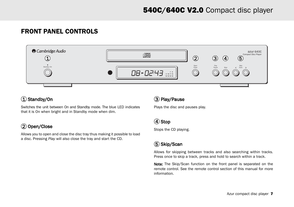 Front panel controls | Cambridge Audio AZUR 540C User Manual | Page 7 / 16