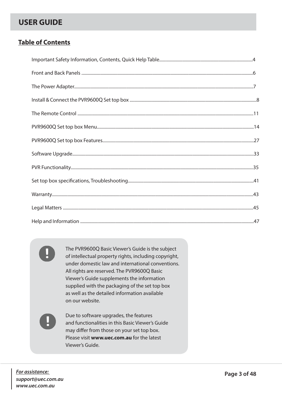 User guide | Altech UEC PVR9600Q High Definition Dual Tuner User Manual | Page 3 / 48