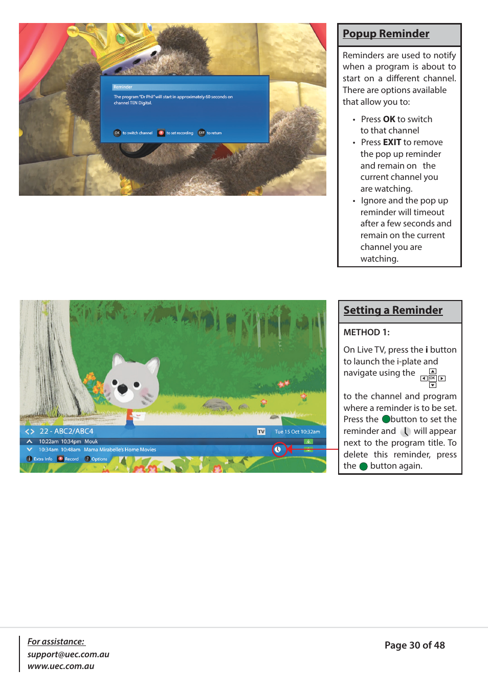 Popup reminder, Setting a reminder | Altech UEC PVR9600Q High Definition Dual Tuner User Manual | Page 30 / 48