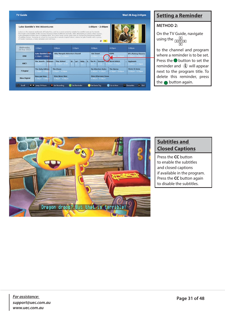 Setting a reminder, Subtitles and closed captions | Altech UEC PVR9600Q High Definition Dual Tuner User Manual | Page 31 / 48