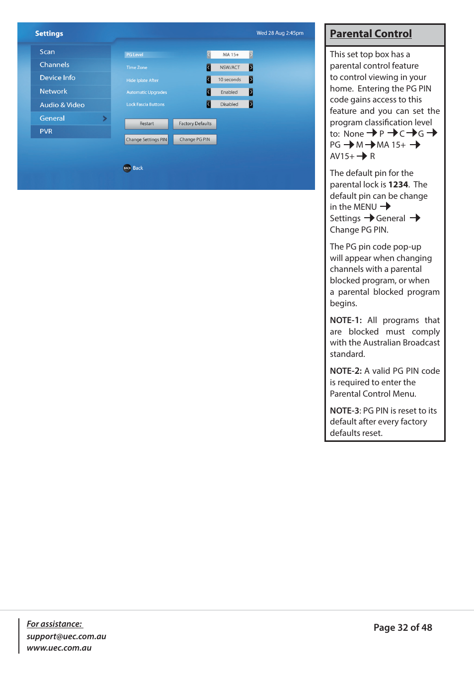 Parental control | Altech UEC PVR9600Q High Definition Dual Tuner User Manual | Page 32 / 48