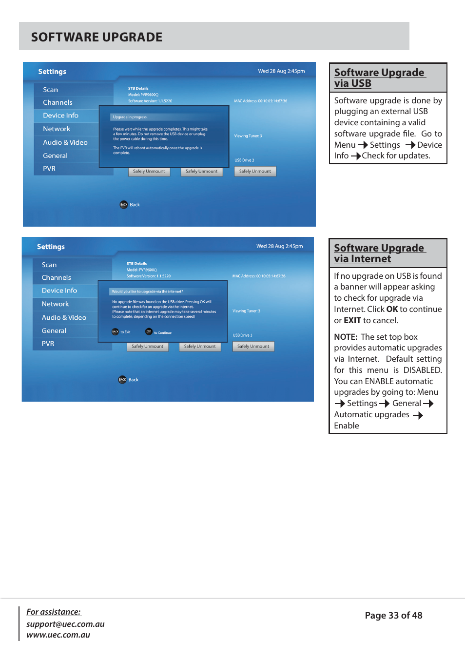 Software upgrade | Altech UEC PVR9600Q High Definition Dual Tuner User Manual | Page 33 / 48
