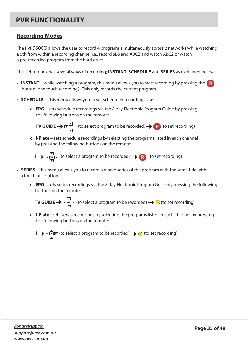 Pvr functionality, Recording modes | Altech UEC PVR9600Q High Definition Dual Tuner User Manual | Page 35 / 48