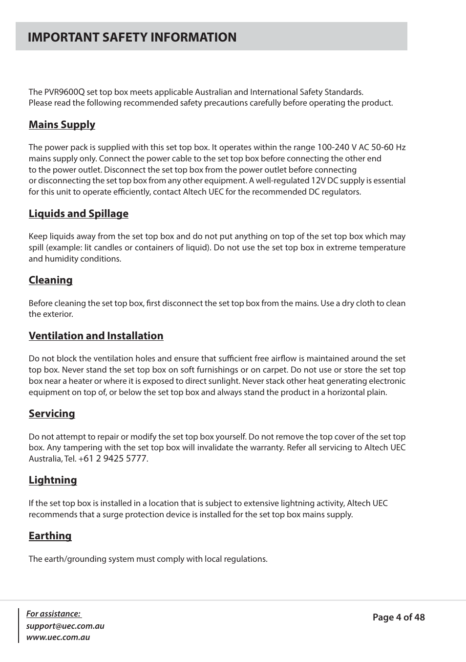 Important safety information | Altech UEC PVR9600Q High Definition Dual Tuner User Manual | Page 4 / 48