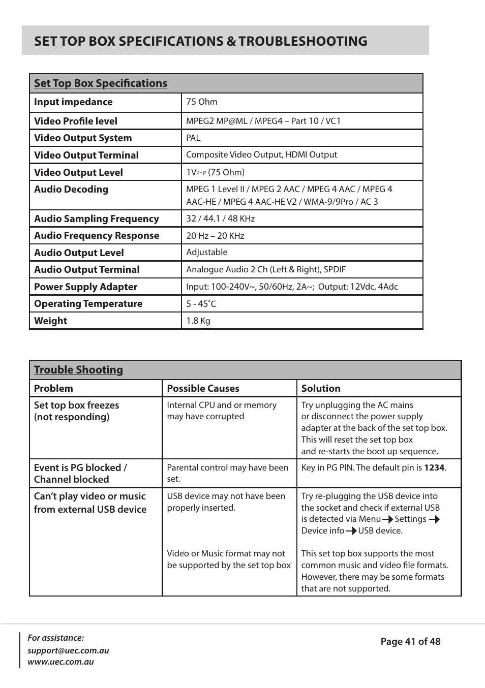Set top box specifications & troubleshooting | Altech UEC PVR9600Q High Definition Dual Tuner User Manual | Page 41 / 48