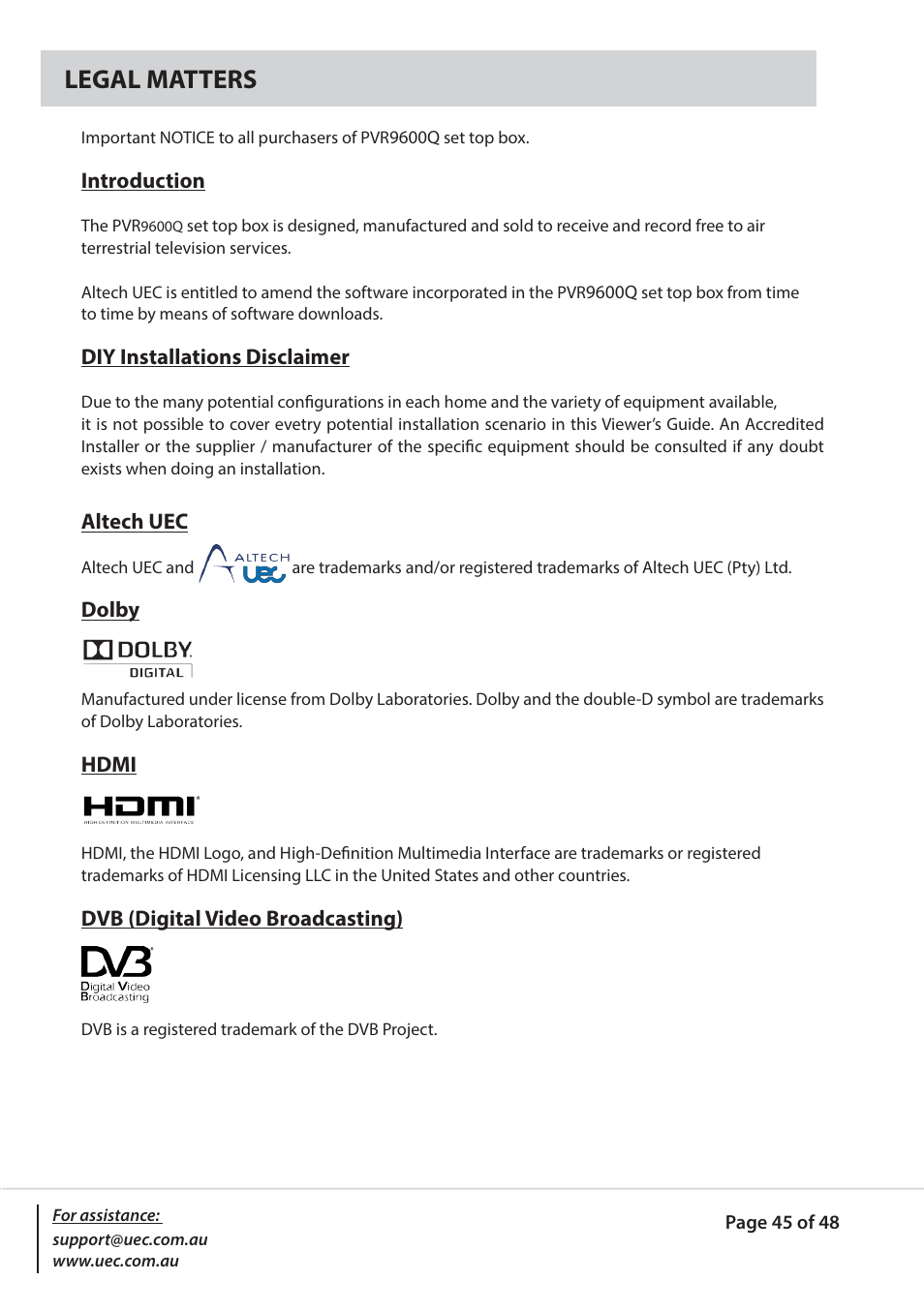 Legal matters | Altech UEC PVR9600Q High Definition Dual Tuner User Manual | Page 45 / 48