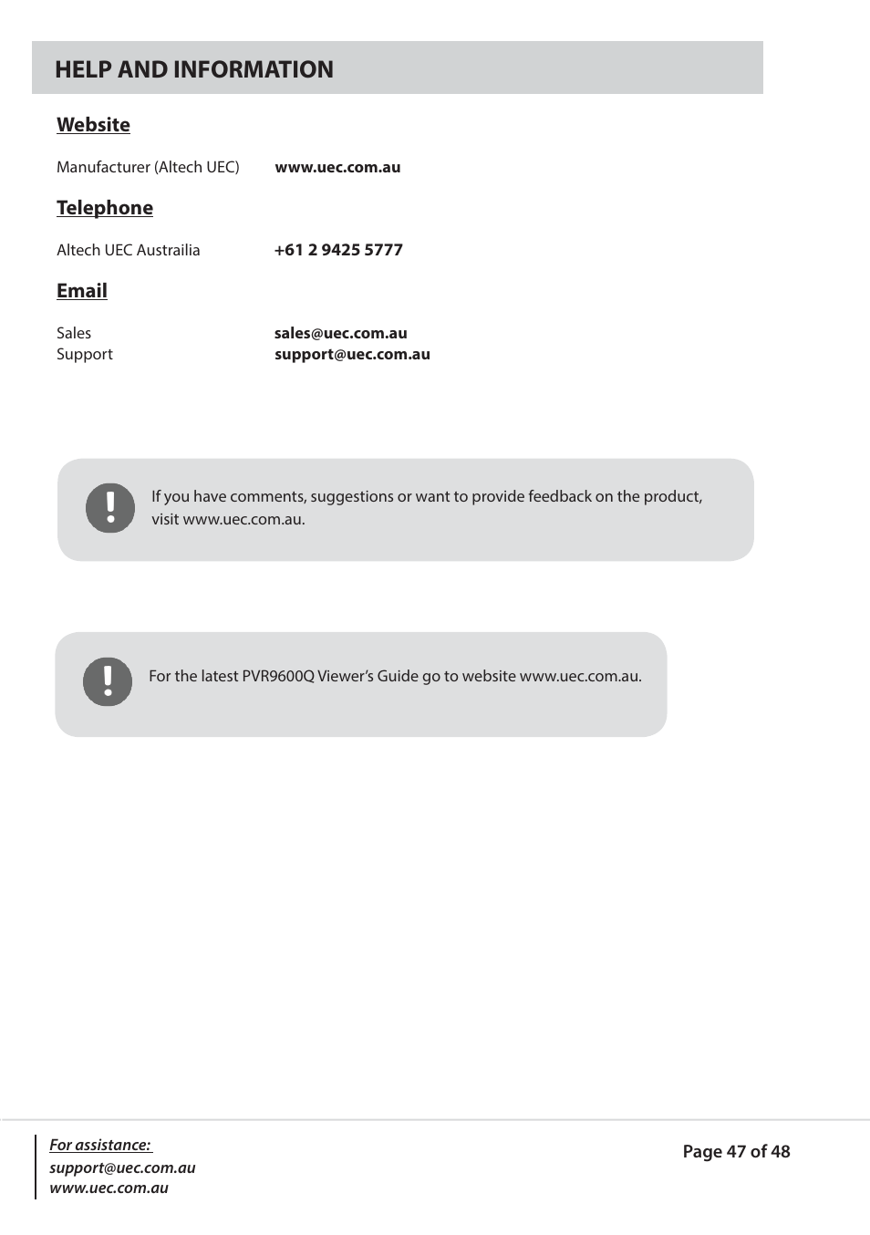 Help and information | Altech UEC PVR9600Q High Definition Dual Tuner User Manual | Page 47 / 48