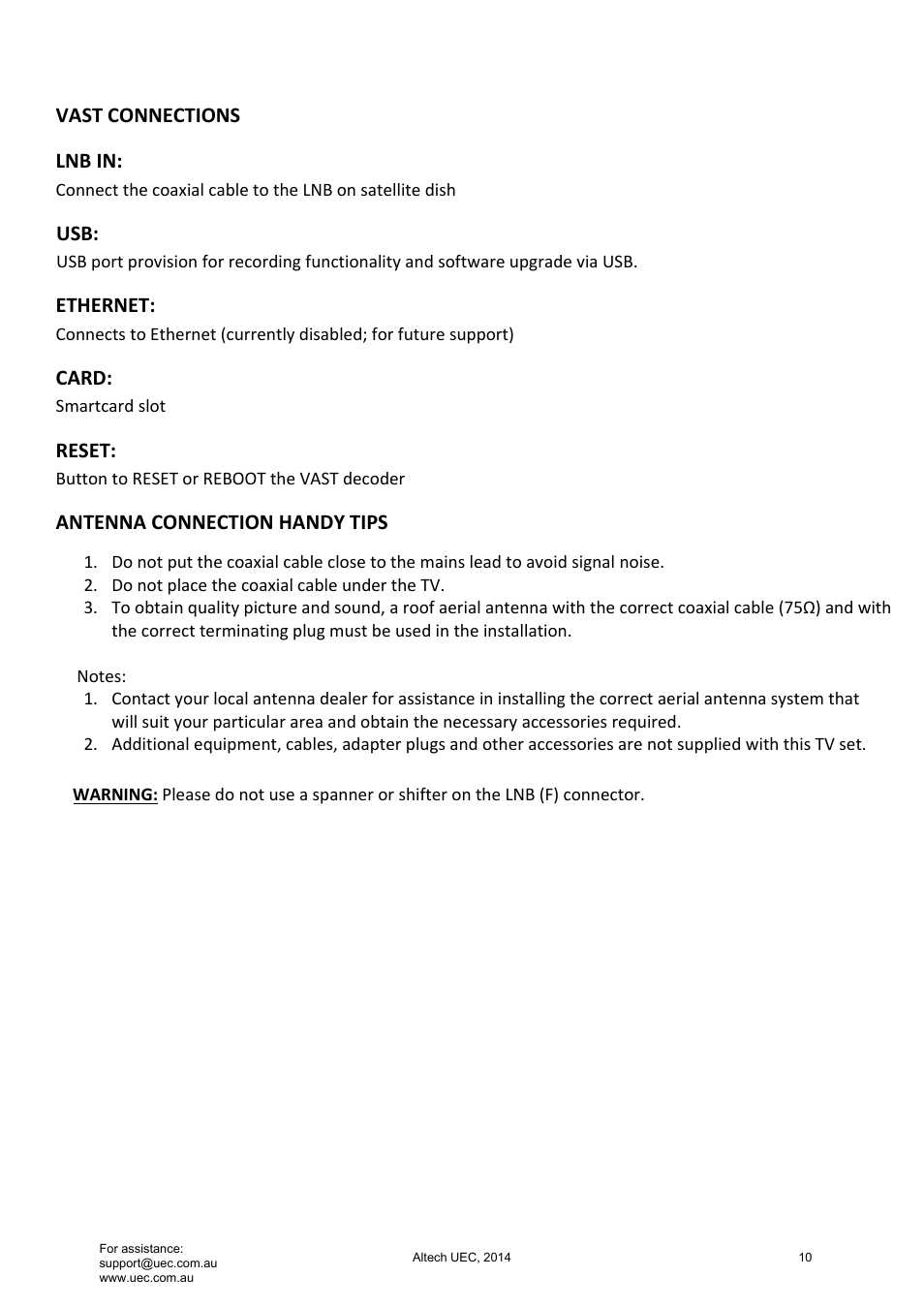 Vast connections lnb in, Ethernet, Card | Reset, Antenna connection handy tips | Altech UEC Integrated 32'' LED/LCD HD TV User Manual | Page 10 / 68