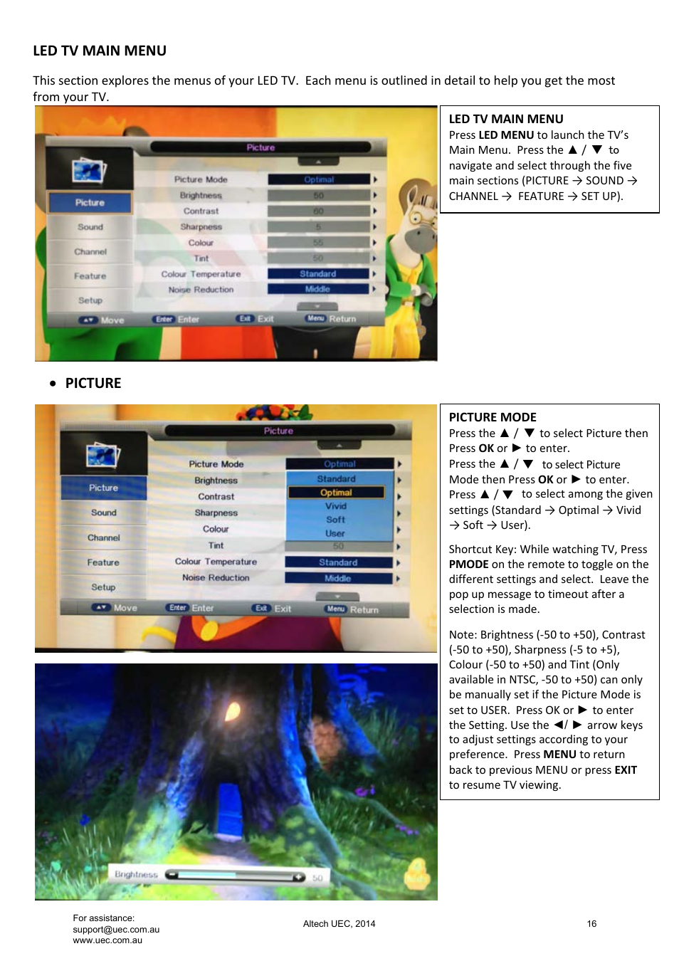 Led tv main menu, Picture | Altech UEC Integrated 32'' LED/LCD HD TV User Manual | Page 16 / 68