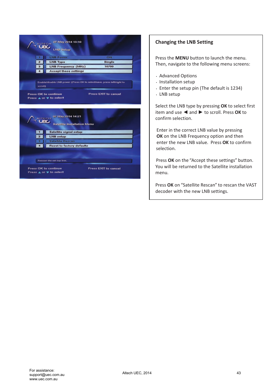 Changing the lnb setting | Altech UEC Integrated 32'' LED/LCD HD TV User Manual | Page 43 / 68