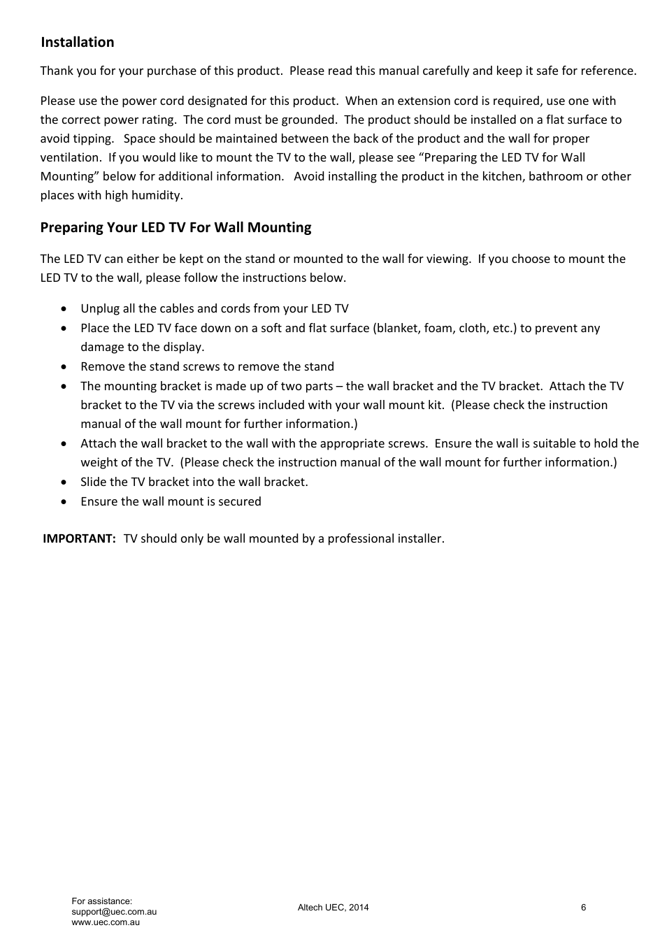 Preparing your led tv for wall mounting, Installation | Altech UEC Integrated 32'' LED/LCD HD TV User Manual | Page 6 / 68