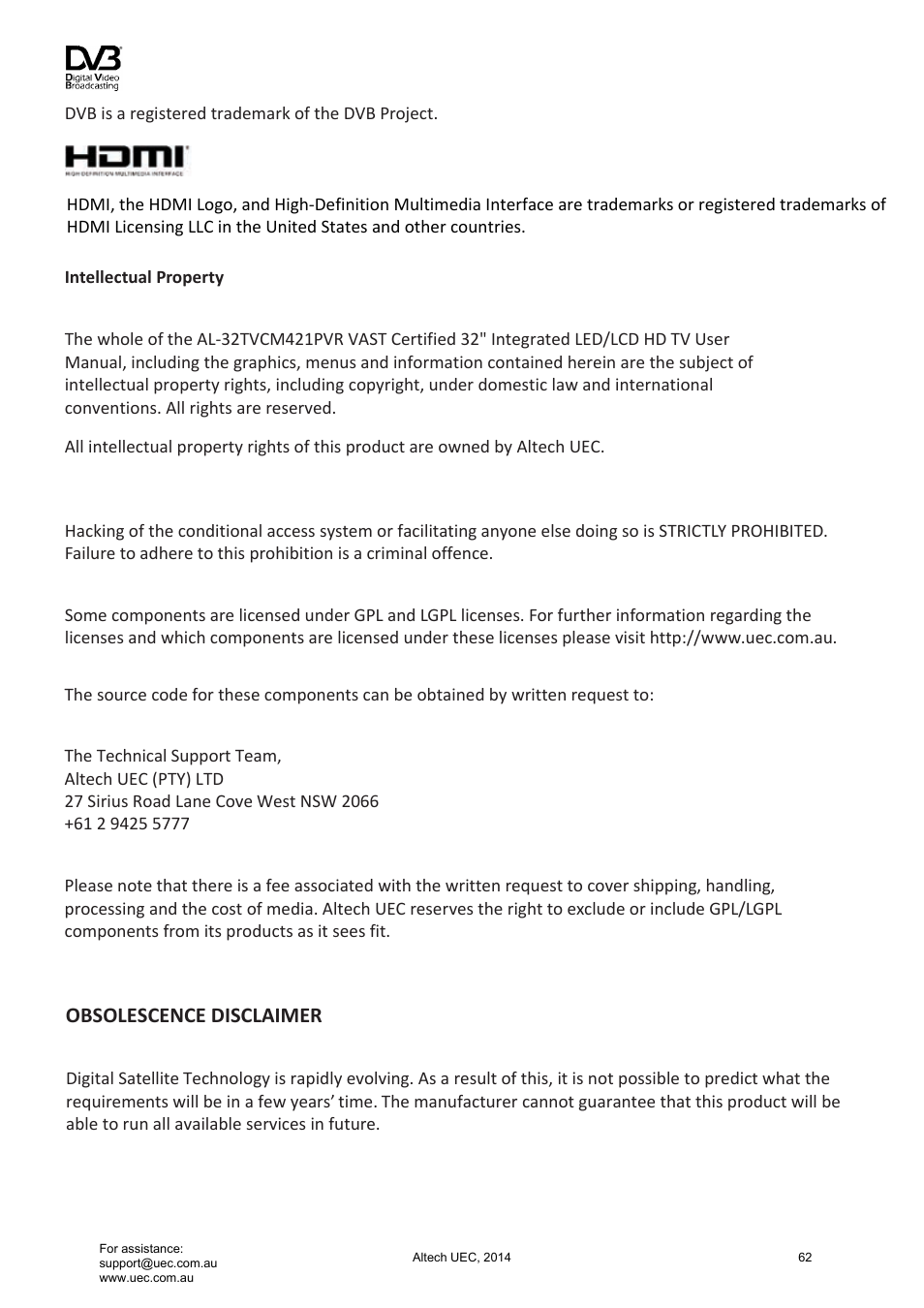 Altech UEC Integrated 32'' LED/LCD HD TV User Manual | Page 62 / 68