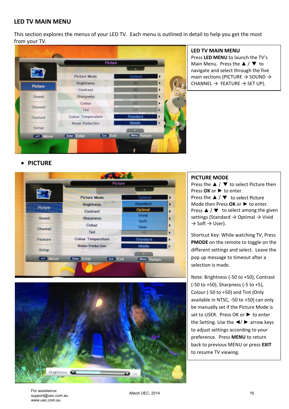 Led tv main menu, Picture | Altech UEC Integrated 22'' LED/LCD FHD TV User Manual | Page 16 / 68