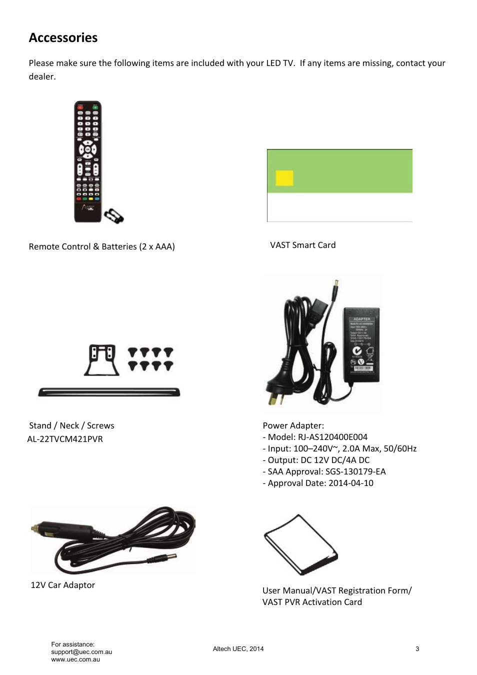 Accessories | Altech UEC Integrated 22'' LED/LCD FHD TV User Manual | Page 3 / 68