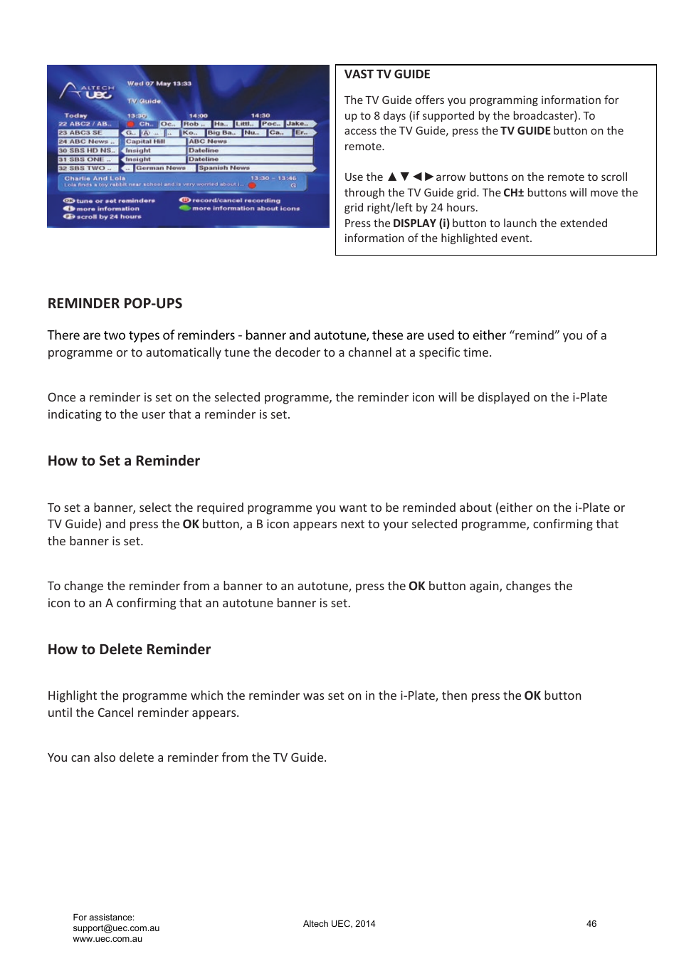 How to set a reminder, How to delete reminder, Reminder pop-ups | Altech UEC Integrated 22'' LED/LCD FHD TV User Manual | Page 46 / 68