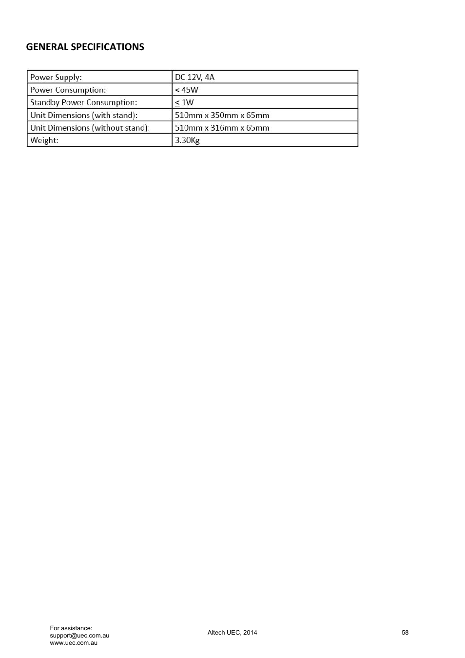 General specifications | Altech UEC Integrated 22'' LED/LCD FHD TV User Manual | Page 58 / 68