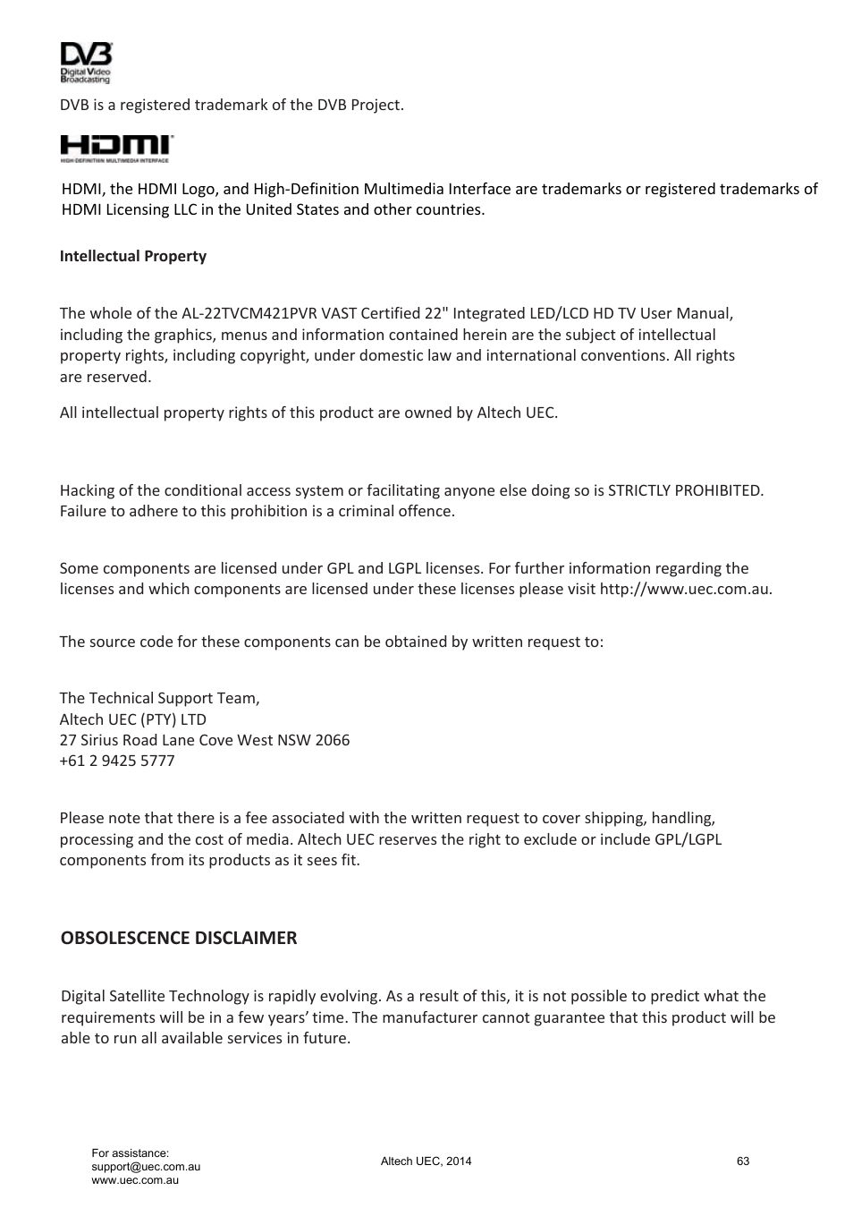 Altech UEC Integrated 22'' LED/LCD FHD TV User Manual | Page 63 / 68