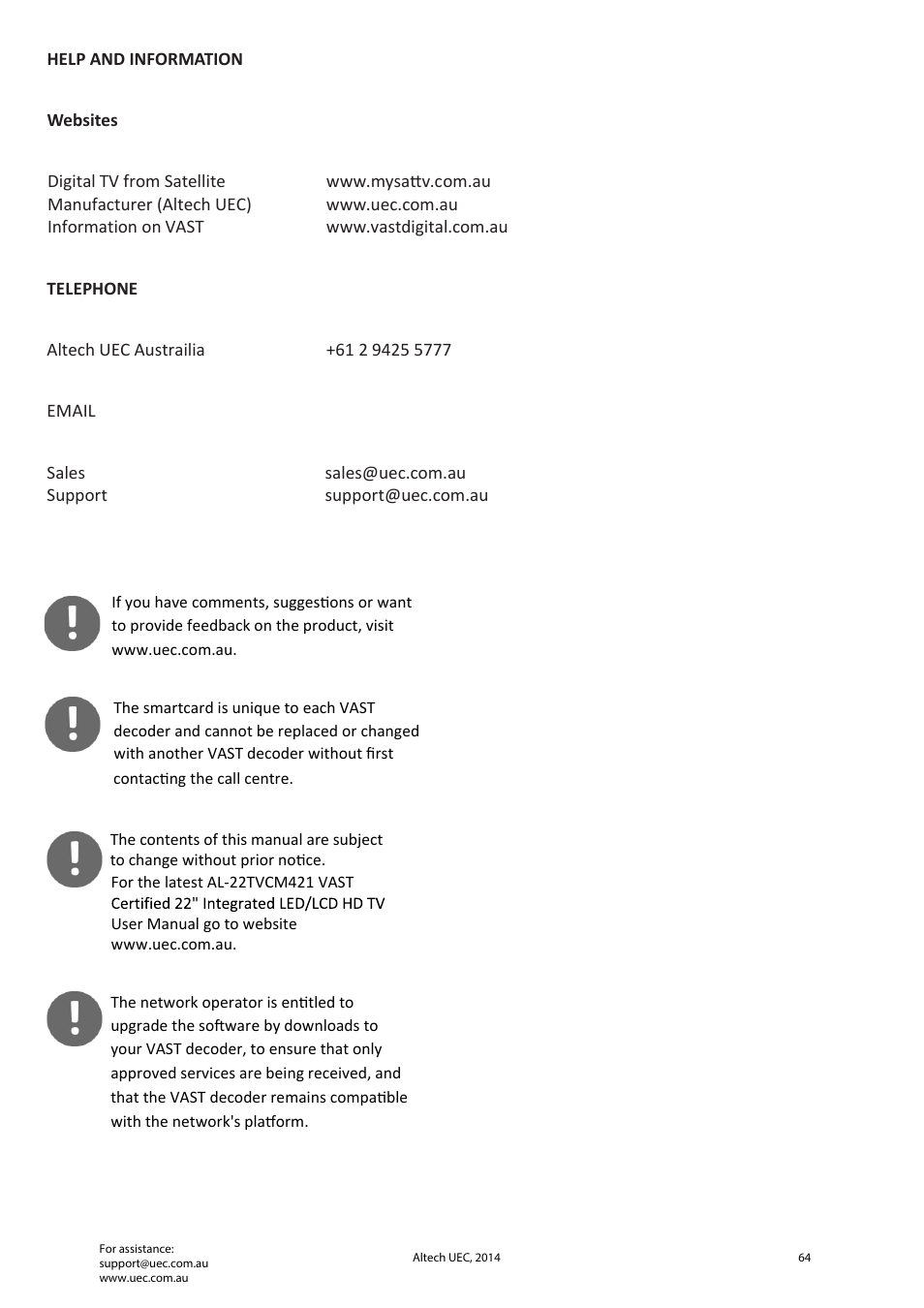 Altech UEC Integrated 22'' LED/LCD FHD TV User Manual | Page 64 / 68