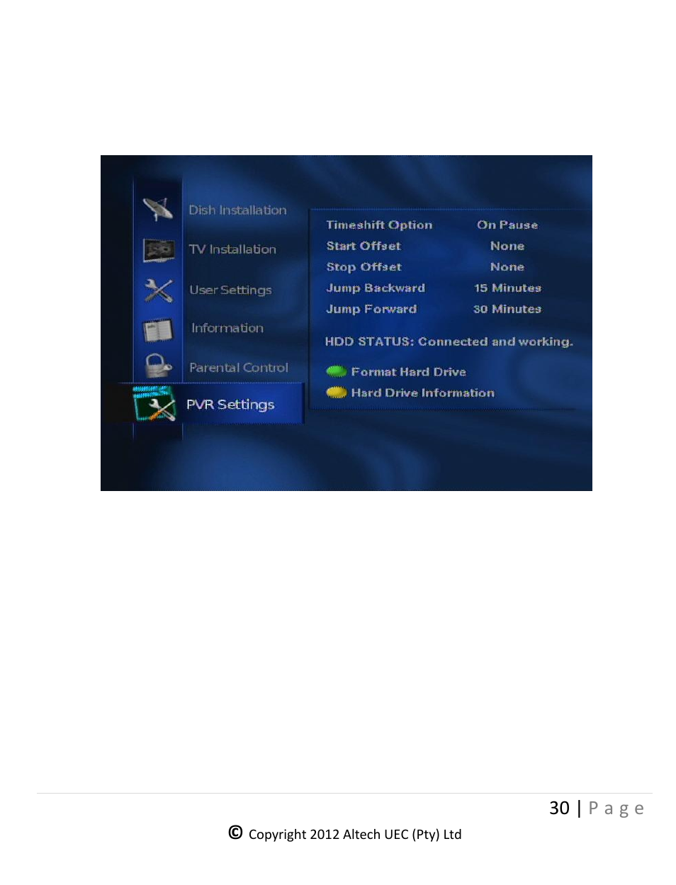 Ettings, Shift, Ption | Ecording, Ffsets | Altech UEC DSR 4639 User Manual | Page 30 / 50