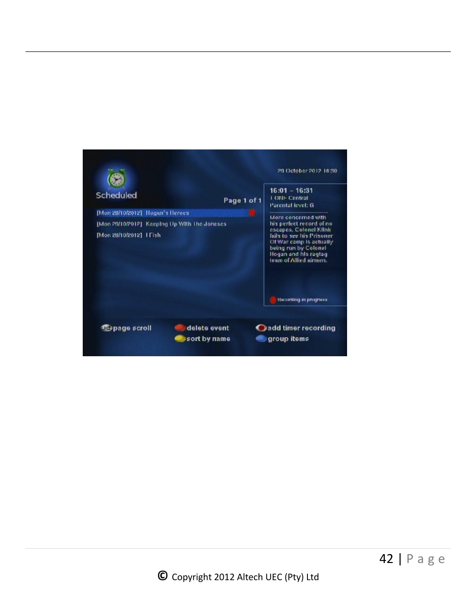Scheduled list, Iewing, Elete | Vent, Orting, 17 s, 42 | p a g e, Cheduled | Altech UEC DSR 4639 User Manual | Page 42 / 50