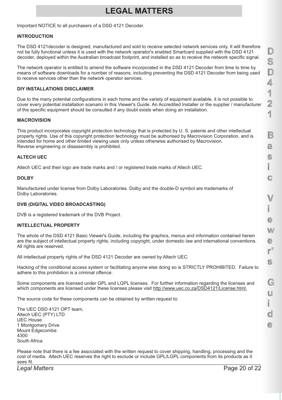 Legal matters, Page 20 of 22 legal matters | Altech UEC DSD4121RV User Manual | Page 21 / 23