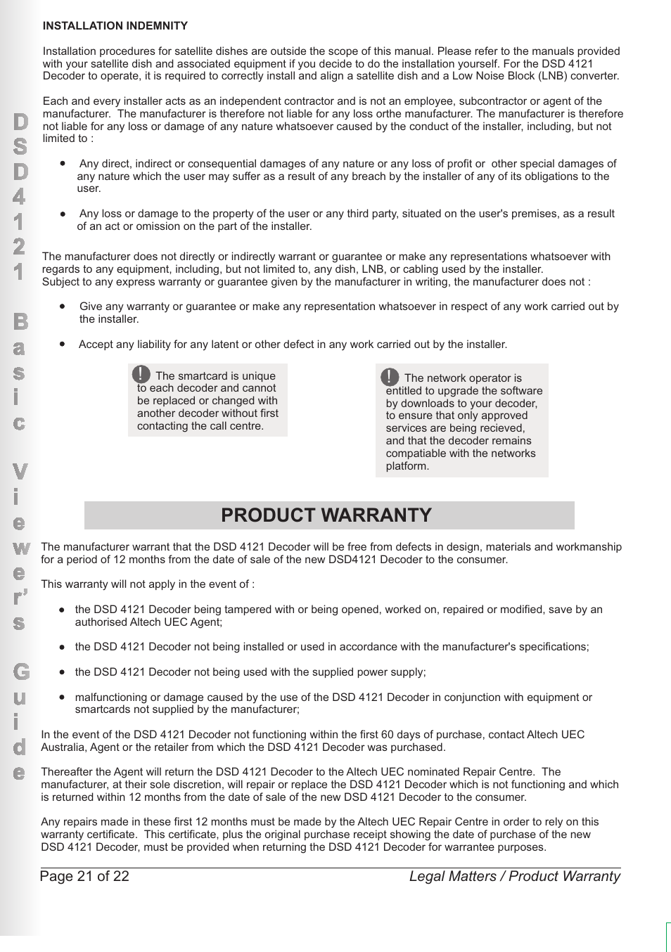 Product warranty | Altech UEC DSD4121RV User Manual | Page 22 / 23